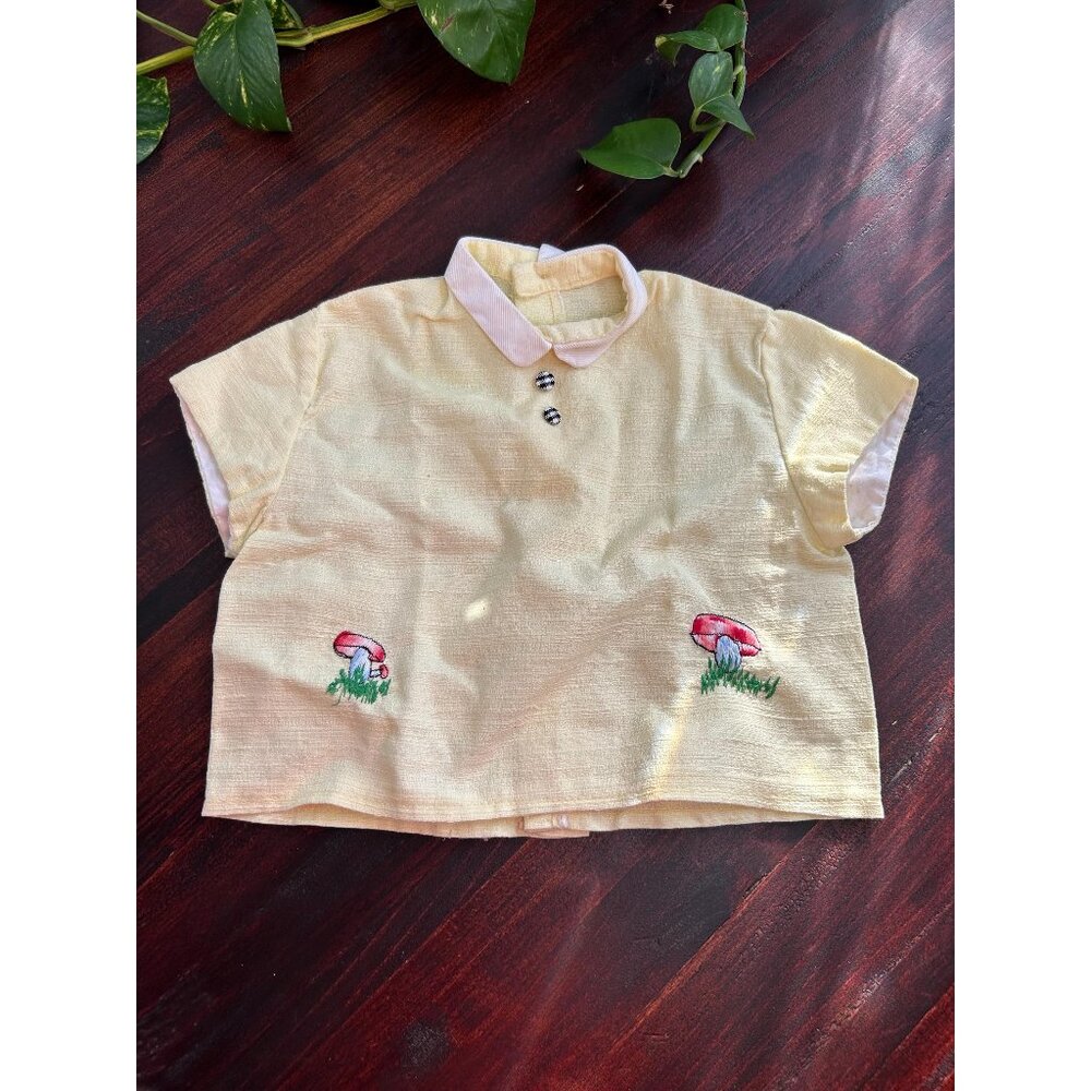 Vintage mushroom baby toddler mushie shirt yellow collared - size unknown